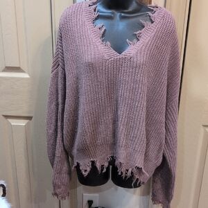 Rue + Distressed V-Neck Sweater - Mauve  3x